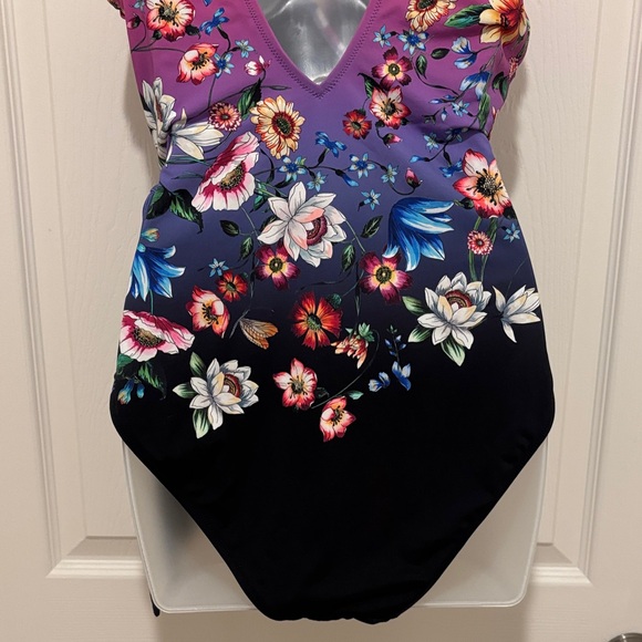 Johnny Was Pink Purple Blue Floral Wrap One-Piece Swimsuit.  New. - Picture 9 of 10